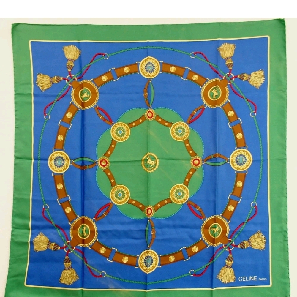 Celine Green and Blue Silk Scarf with Gold Accents